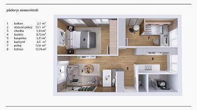 Floor plan Apartment 3+kk after reconstruction for sale